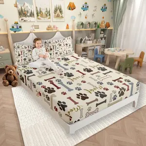 Feelyou Dog Paws Print Fitted Sheet - Soft Bedding Set with Corgi Pug Animal Designs, Cartoon Bed Cover for Kids' Bedroom Decor