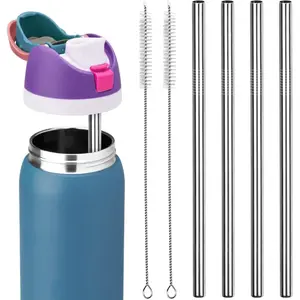 Metal Replacement Straws for Owala Water Bottle 40 oz, With 2 Cleaning Brush, Reusable Stainless Steel Straws Compatible