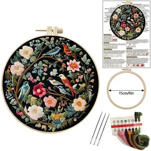 Embroidery Kit for Beginners Flower Bird Embroidery Starter Kit Stitches Practice Kit Stamped Cross Stitch Sets with Tools bedazzling