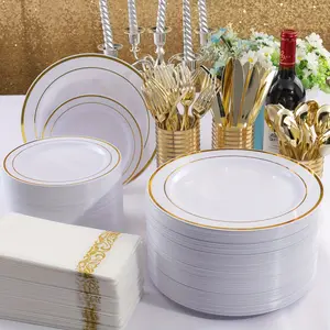 500 Pcs Gold Plastic Plates with Gold Silverware, White Gold Plastic Dinnerware Set for Party include: 100 Dinner Plates 10.25 inch, 100 Dessert Plates 7.5 inch, 100 Gold Silverware Sets