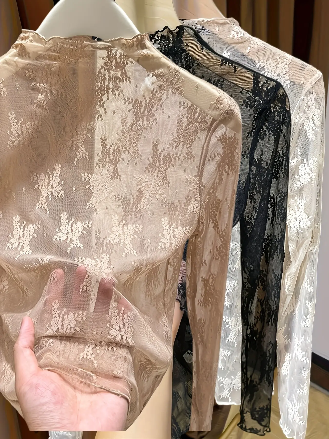 Women's Lace Long Sleeve Top Blouse, Half High Neck Design, Three-Piece Set, Autumn Winter Fashion, Inner Layer Mesh Shirt, Womenswear, Lady, Casual Breathable Elegance, Boho Sleeve Top, Bohemian Blouse, Boho Vintage Floral