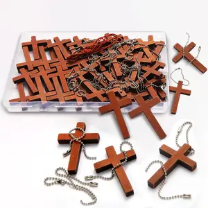1 Box Wooden Pocket Cross Contains 70 Cross Charms and 70 Chains, Pure Natural Wooden Crosses Pendants for Church Praying,Easter, Christian Gifts, Crafts for DIY Jewelry, Keychains