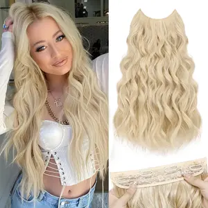 Invisible Wire Hair Extensions - 20 Inch Blonde Long Wavy Synthetic Hairpiece with Transparent Wire Adjustable Size, 4 Secure Clips for Women