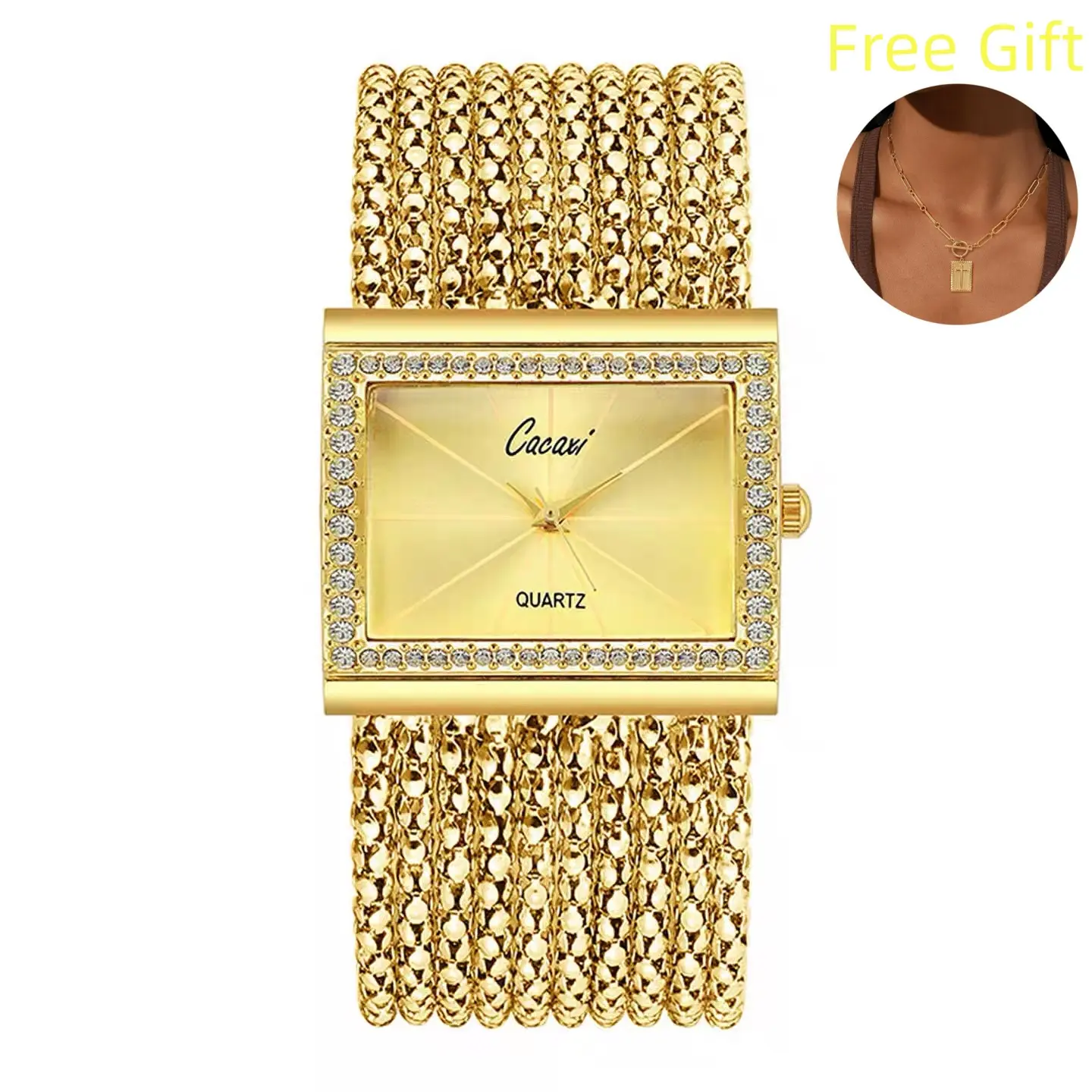 Women's Square Diamond-Studded Tassel Bracelet Watch - Lightweight, Luxurious, Waterproof, Stylish, Versatile - Bracelet-Style, Alloy, Bling, Crystal-Studded Quartz Watches, Bracelet-Style Quartz Watches