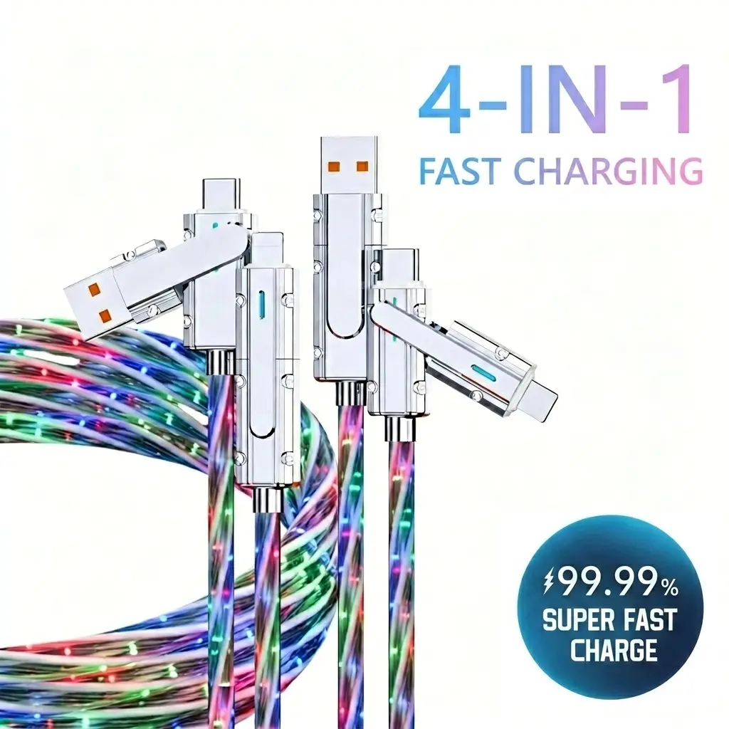 PBSEV Portable 4-in-1 Charging Cable with Color-Changing Lights, Multi-Functional Anti-Interference Data Cable, USB/Type-C toType-C/Lightning Fast Charging,Supports 100W Fast Charging and 27W Reverse Charging, Ideal for Bedroom/Office/Car Ambient Lighting