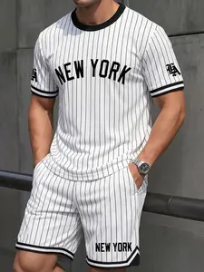 Vintage Baseball Pinstripe Men’s 2 Piece Outfit - New York Letter Print, Lightweight Athletic Fit Sportswear, Breathable Fabric for Summer Casual, Gym & Street Style, All-in-One Multi-Wear Set