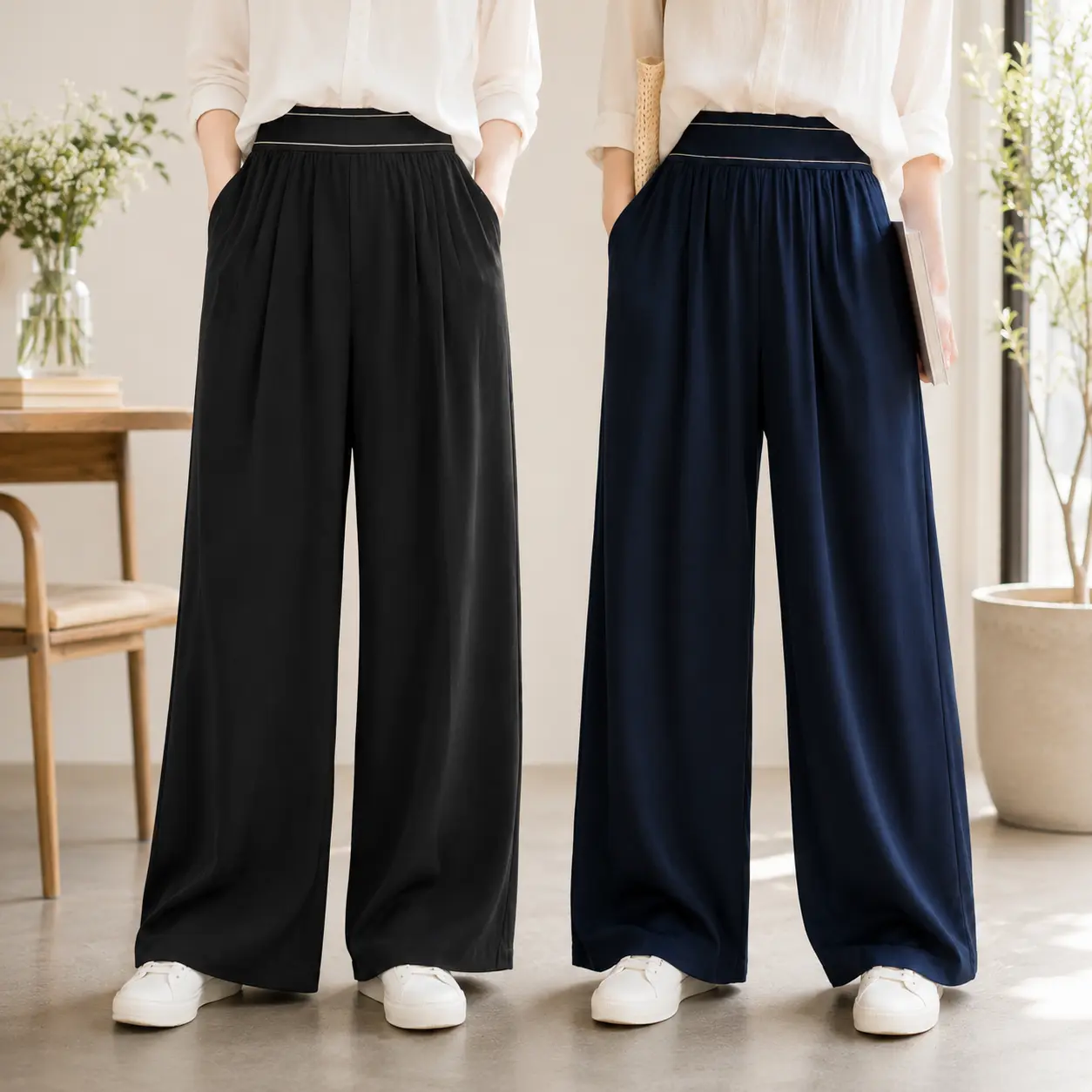 Summer Women Wide Leg Yoga Pants High Waist Fold Over Elastic Waist Soft Lightweight Sports Trousers with Pockets Black Casual Women's Sportswear