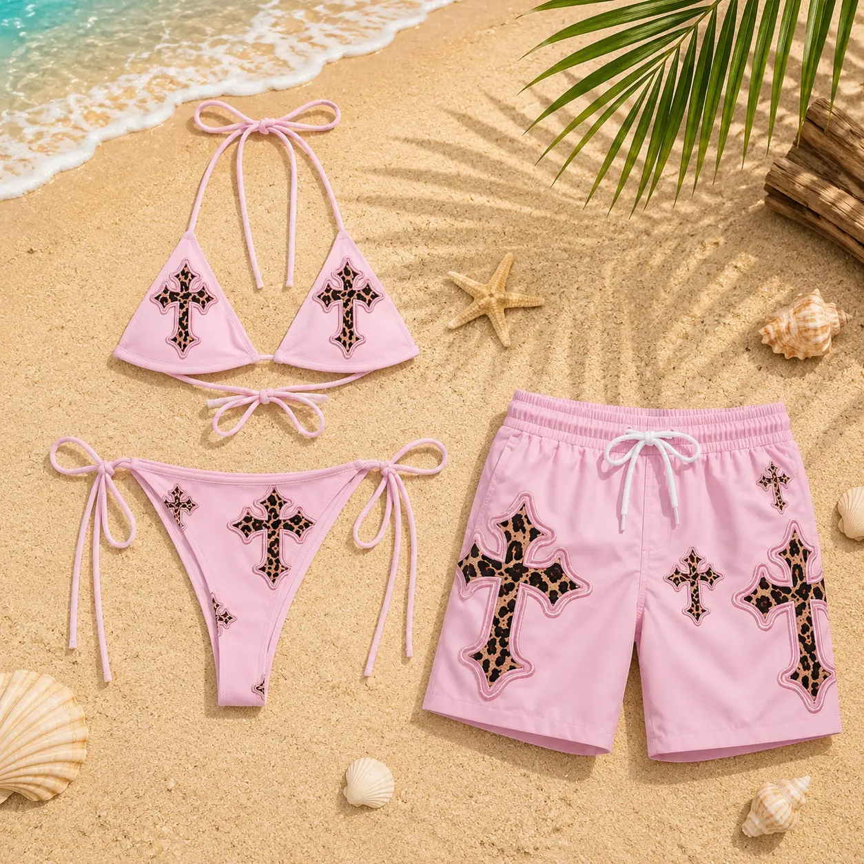 Summer Cross Matching Pink Couple Swimsuit Set – Gothic Bikini & Men’s Sports Mesh Shorts, Beach Party Vacation Outfit