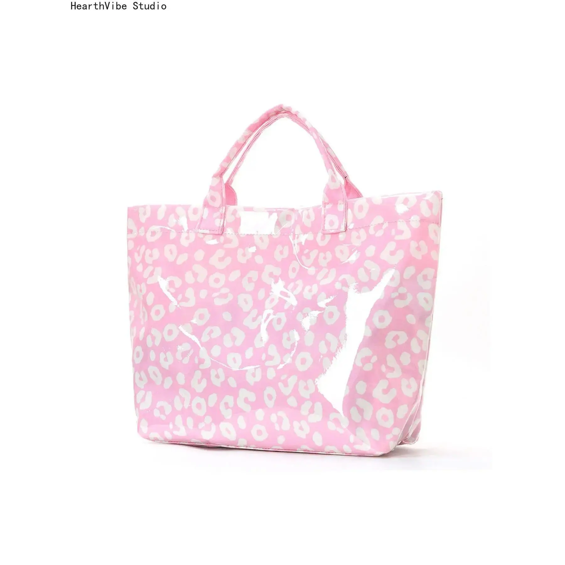 2026 Green & Pink Leopard Print Glossy Tote Bag, Waterproof PVC Large Capacity Handbag, Retro Cool Shoulder Bag for Travel & Daily Use, Aesthetic Tote Bag for Women & Girls
