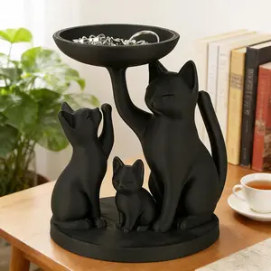 3DPrinted Mini Cute Cat Jewelry Tray, Plastic Cats Figurine with Storage, Key Tray, Decorative Home Decor for Vanity, Dresser, Entryway, Decorative Ring Holder Stand Gift for Cat Lovers Women Mom (black)