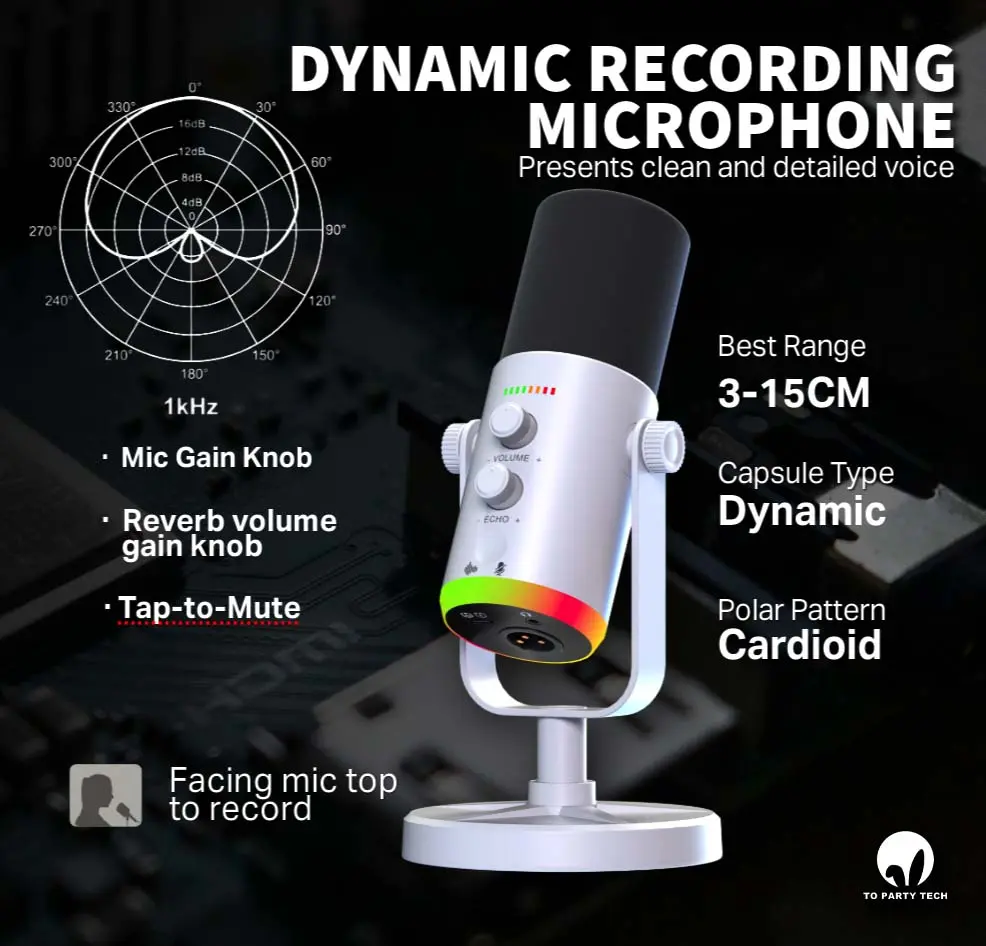 TO PARTY TECH YU7 Wired Dynamic Microphone - Dual Mode XLR/USB Connectivity, RGB + Mute Function, 3.5mm Jack, Noise Reduction, Volume Control, Pro-Level Audio for Recording, Streaming Setup, Gaming