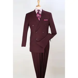 Mens Classic Double Breasted Luxury Wool Feel Suit in Burgundy