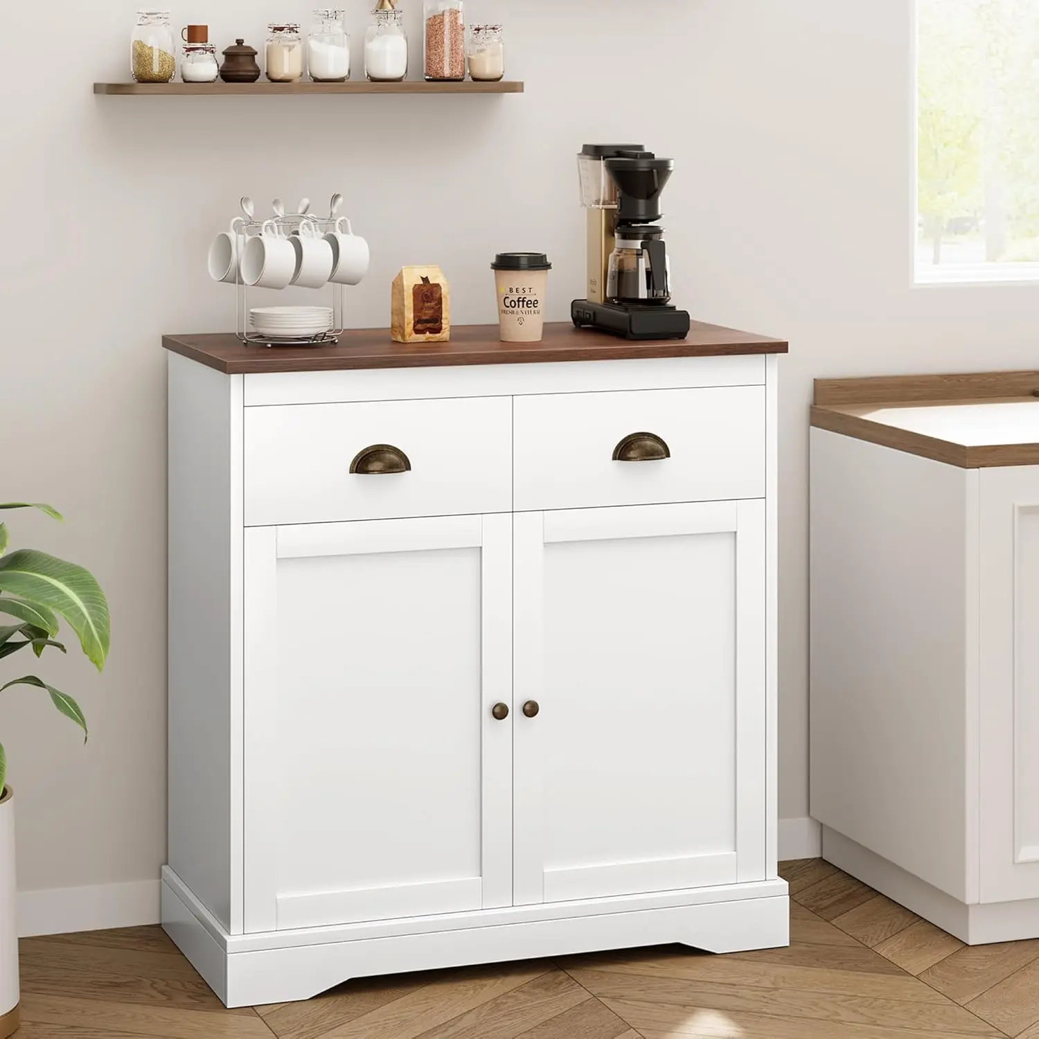 White Farmhouse Sideboard Kitchen Cabinet - 31.5in Wide Engineered Wood Unit with 2 Doors, 2 Drawers, Adjustable Shelves, 15.5in Deep Storage for Dining Room, Living Room Coffee Bar, 15.5 Inches Deep