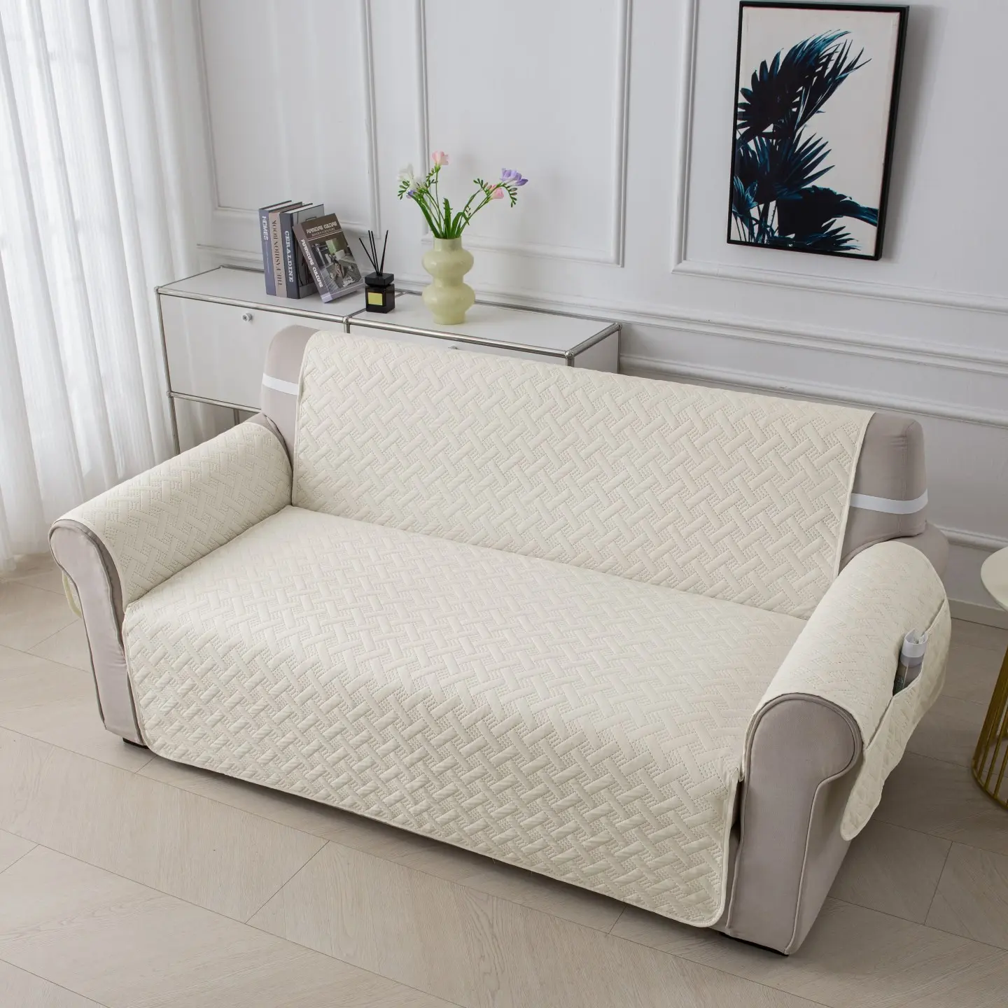 Pure Color Cotton Sofa Cover, Ultrasonic Embossed Pet Sofa Pad, Dustproof Protector, Home Decor, Fits 1-3 Seater, All Seasons, Washable Sofa Slipcover, Washable Couch Covers, Slipcover For Sofa