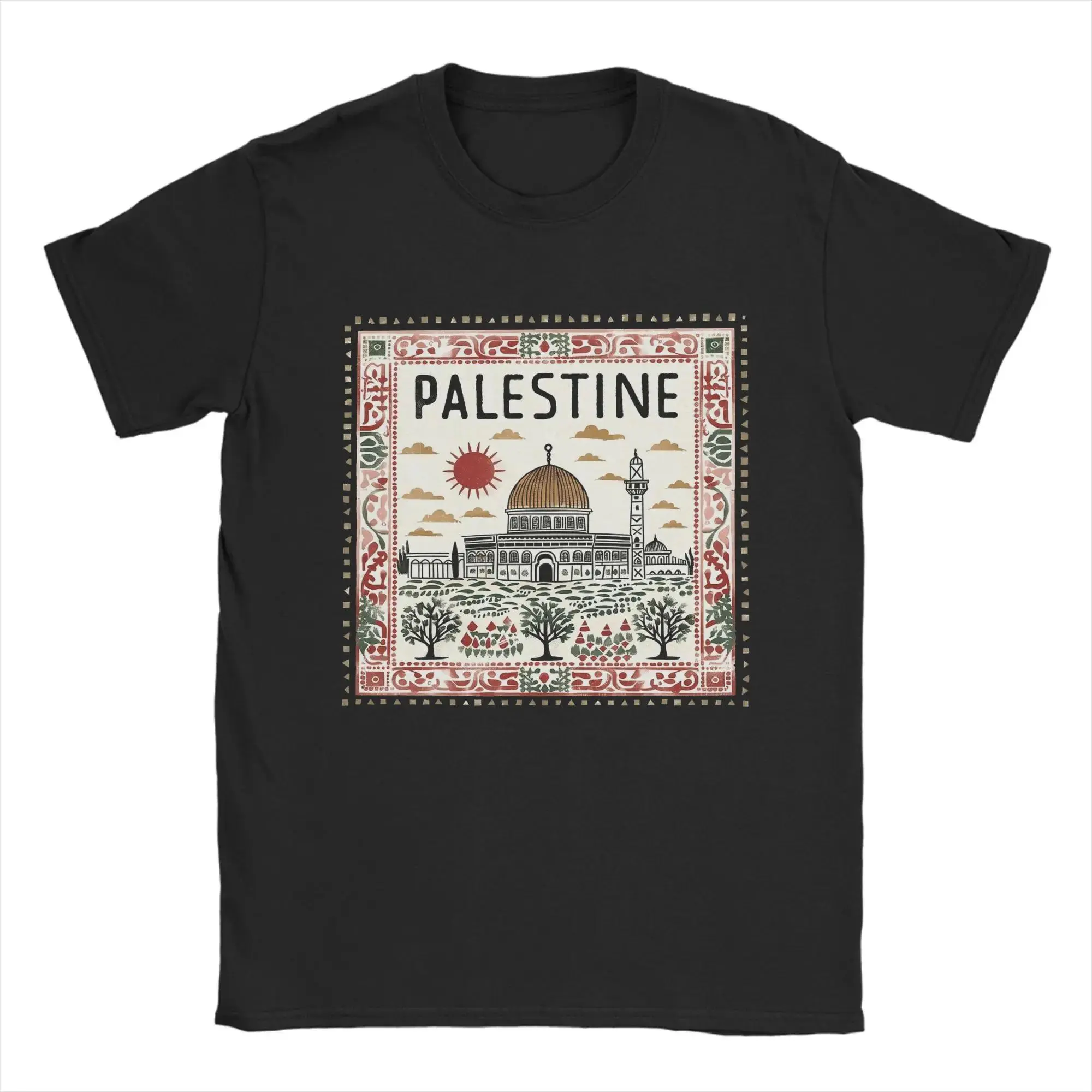 Men's Cotton Knit T-Shirt with Palestine Mosque Graphic Print, Casual Round Neck Short-Sleeve Breathable Top, Graphic Tees, Four Seasons, Mosque Motif