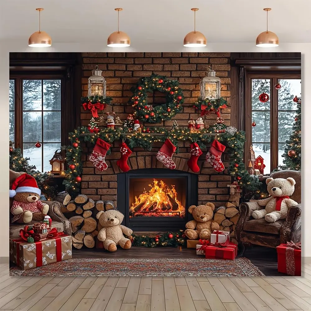 Cozy Christmas Polyester Wall Hanging Backdrop - 1pc 2D Flat Decor with Ornaments (Stockings, Teddy Bears, Tree), Durable Power-Free Banner for Winter Party, Photo Backgrounds