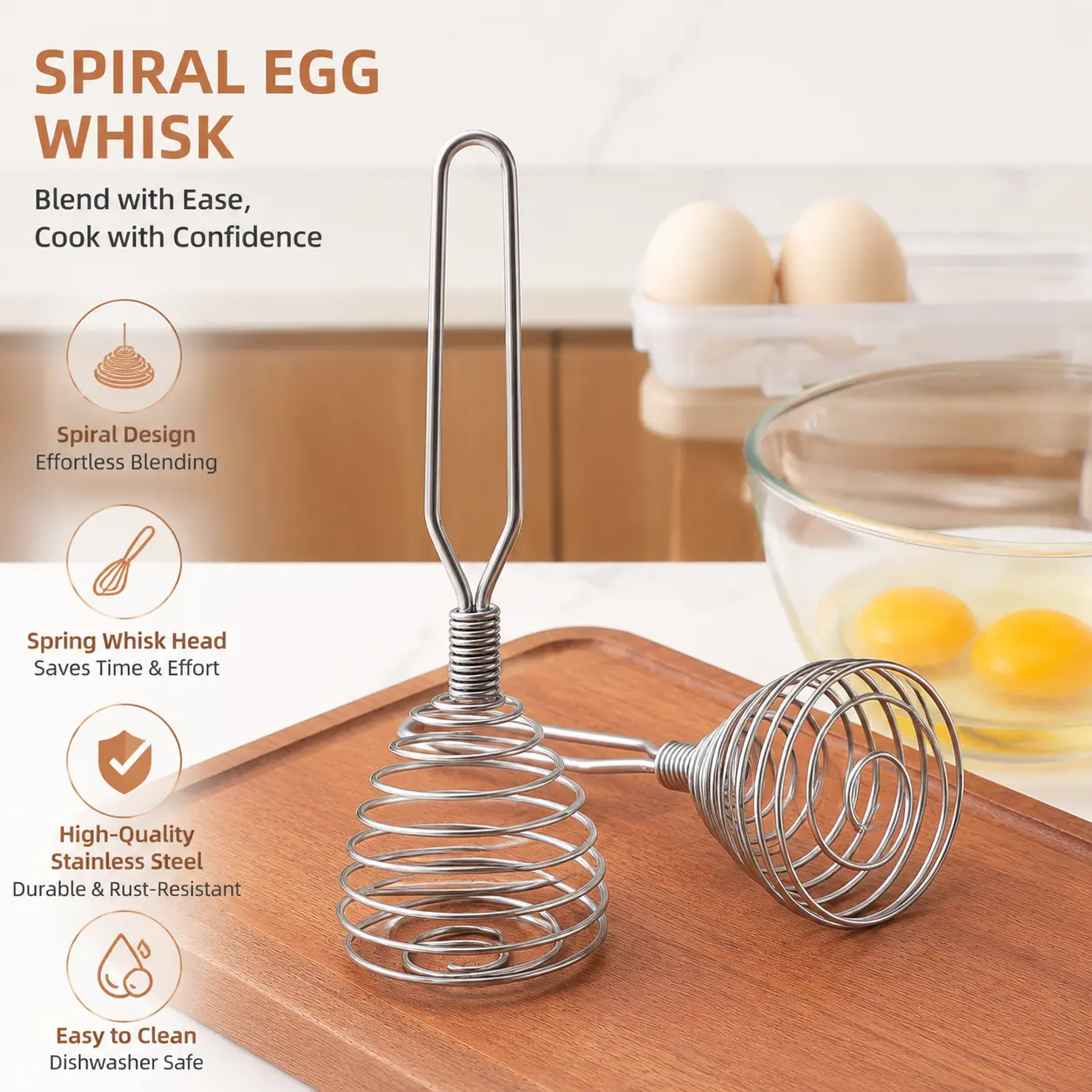 1 Count Durable 1-Piece Formed Stainless Steel Spiral Design Spring Coil Whisk - Manual Egg Beater for Effortless Blending, Kitchen Stirring, Home Baking (Saves Time & Effort)