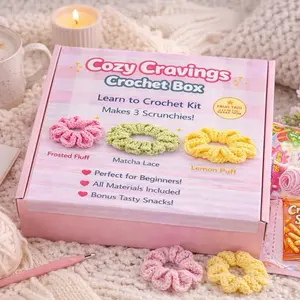Cozy Cravings Crochet Box – Beginner Crochet Kit for Scrunchies | DIY Yarn Kit with Tools, Snacks & Step-by-Step Tutorial