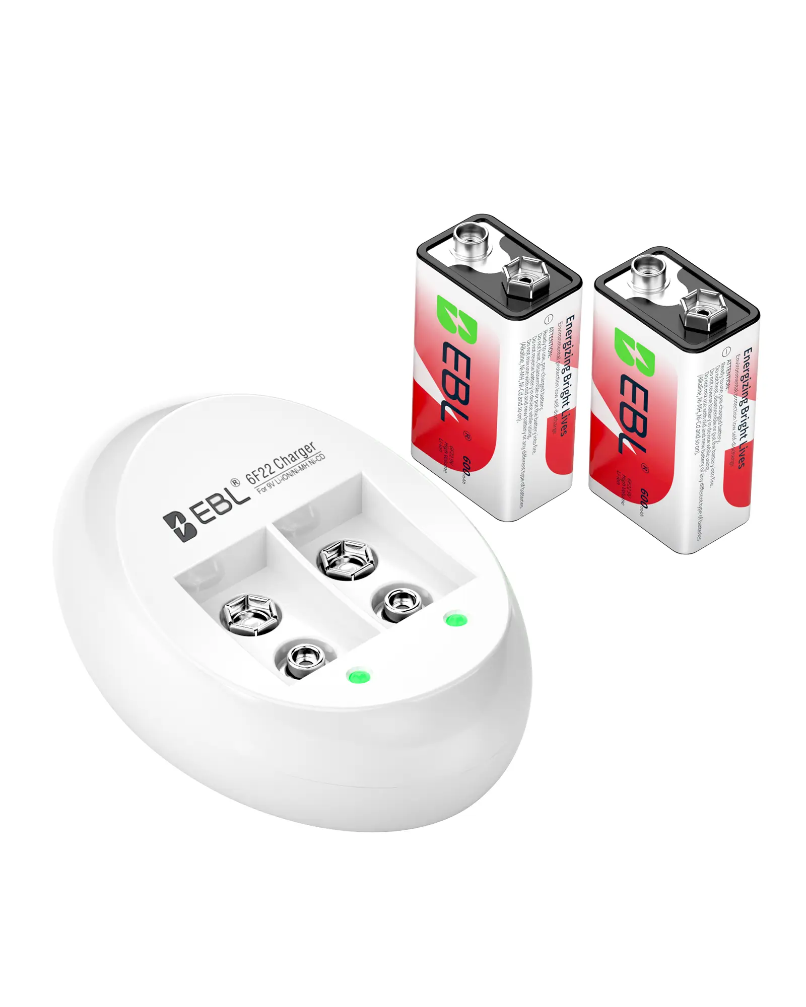 EBL 9V Li-ion Rechargeable Batteries with 9V Battery Charger Bundle| High-Capacity 600mAh Li-ion 9 Volt Cell 2 Pack