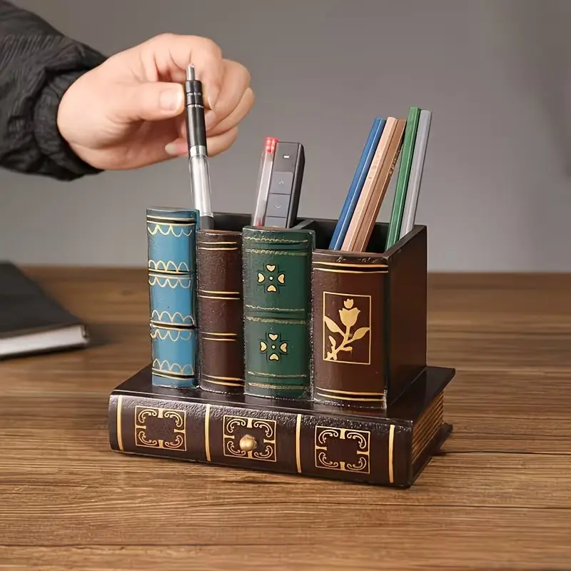 Vintage European Style Wooden Pen Holder, Desk Storage Box, Desk Accessories, Decorative Organizer, Stationery Organizer for Pens, Pencils, Office Supplies, Creative Gift for Students and Professionals, Penholder