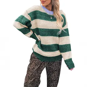 Asvivid Women's Casual Striped Colorblock Knit Sweater, Long Sleeve Crewneck Drop Shoulder Loose Top, Knitting