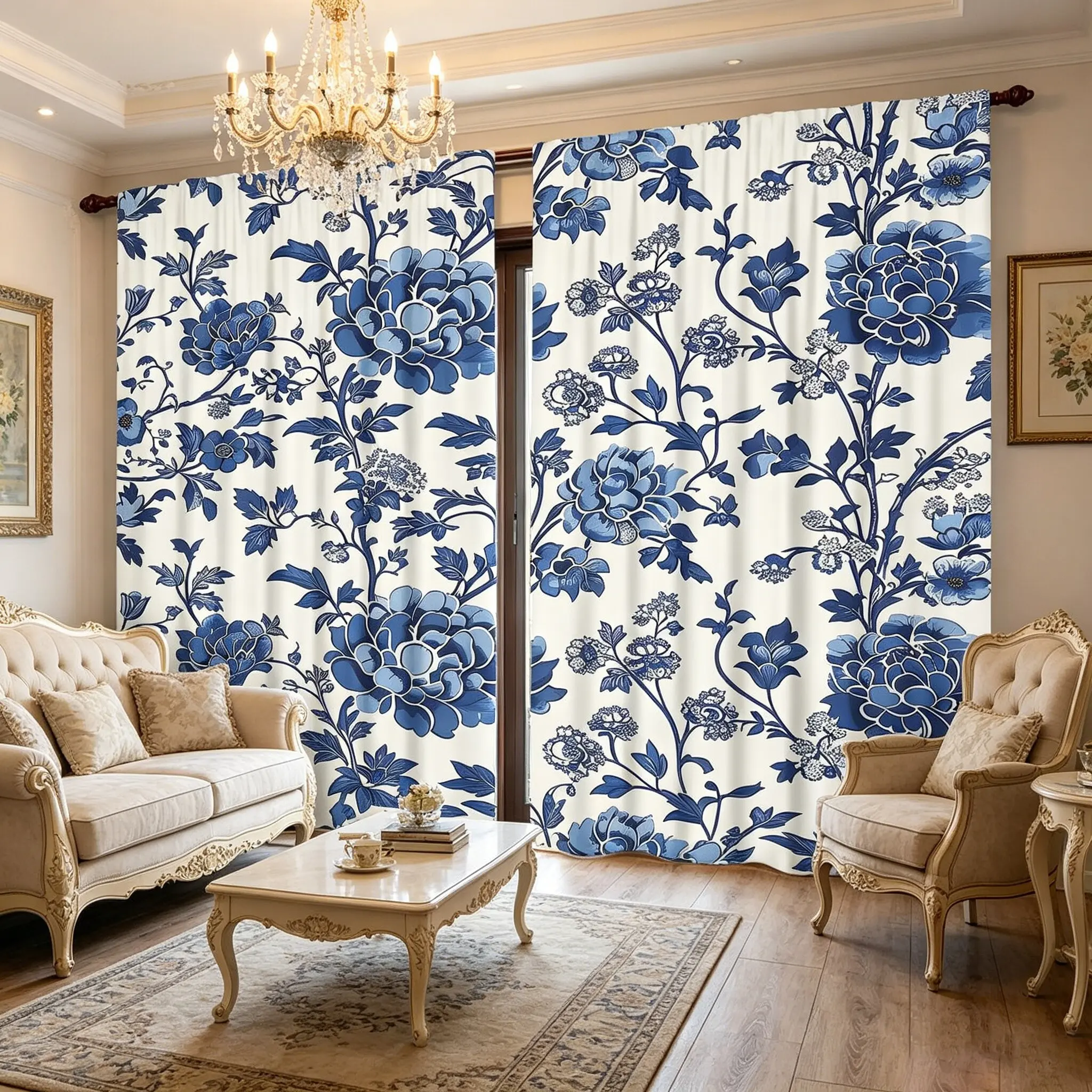 2-piece set of new Chinese blue and white porcelain curtains, durable semi transparent polyester material curtains that can be washed with water, suitable for bedrooms/living rooms/study rooms, and are ideal curtains for home decoration, Window Curtain