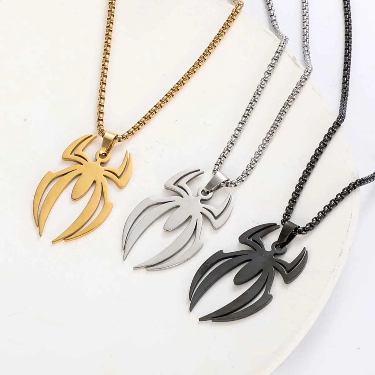 Men's Polished Gothic Sleek Spider Pendant Necklace - Bold Design Unique Jewelry on Smooth Box Chain, Edgy Alternative Layering or Solo Wear Accessory, Ideal Daily Wear Gift, Unique Necklace