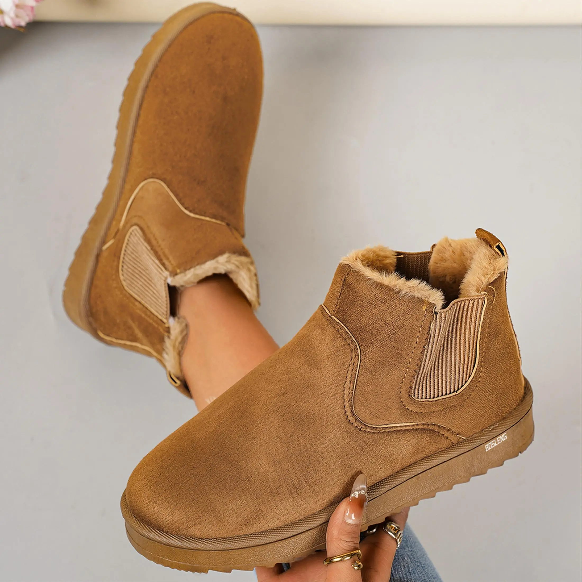 Womens Ankle Boots Warm Fuzzy Fluffy Lining Waterproof Outdoor Slip-on Winter Snow Booties