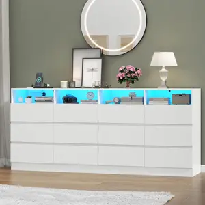 12 Drawer White Dresser with Charging Station & Led Lights for Bedroom, ,Large Dressers Organizer with 4 Open Cubbies Modern Accent Cabinet