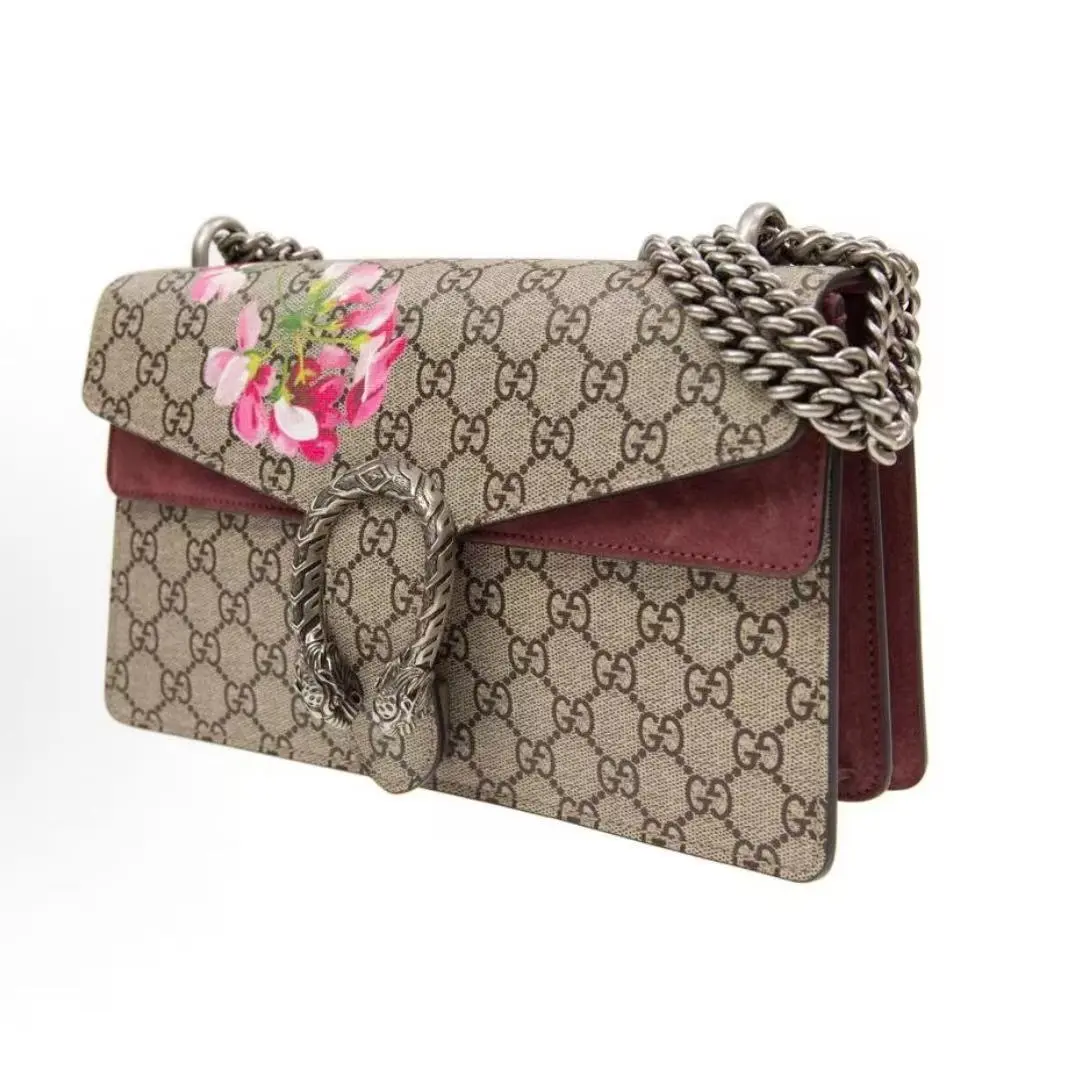 Pre-owned GUCCI Dionysus GG Blooms — Tiger Head Buckle, Distressed Monogram, Geranium Print — Canvas & Leather Chain Crossbody/Shoulder Bag — Small Size — Women's — Ebony & Pink