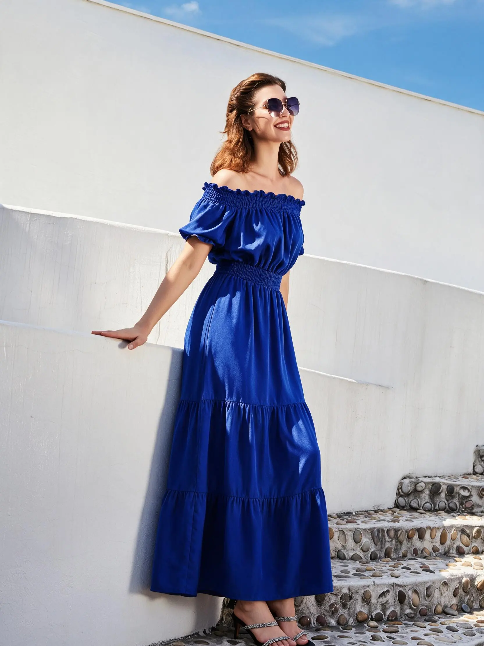 Women's Off-Shoulder Smocked Elastic Waist Tiered Ruffle Maxi Dress - Casual Summer Vacation Beach Wear