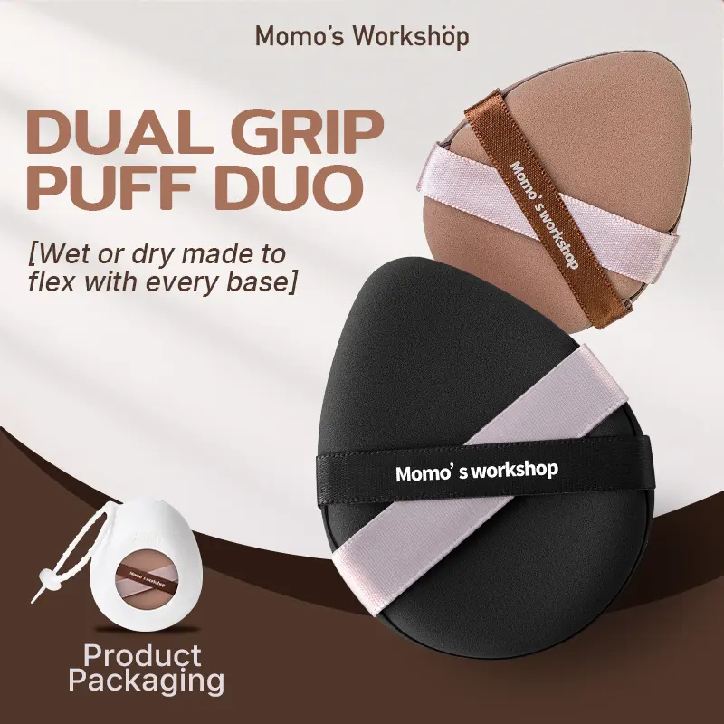 Momo's Workshop Puff Cushionaires Dual Grip Puff Duo, Dual-Sided Wet & Dry Use, Oil-Absorbing, Foundation-Saving, Perfect for Acne-Prone & Uneven Skin, Travel Friendly, Storage Case