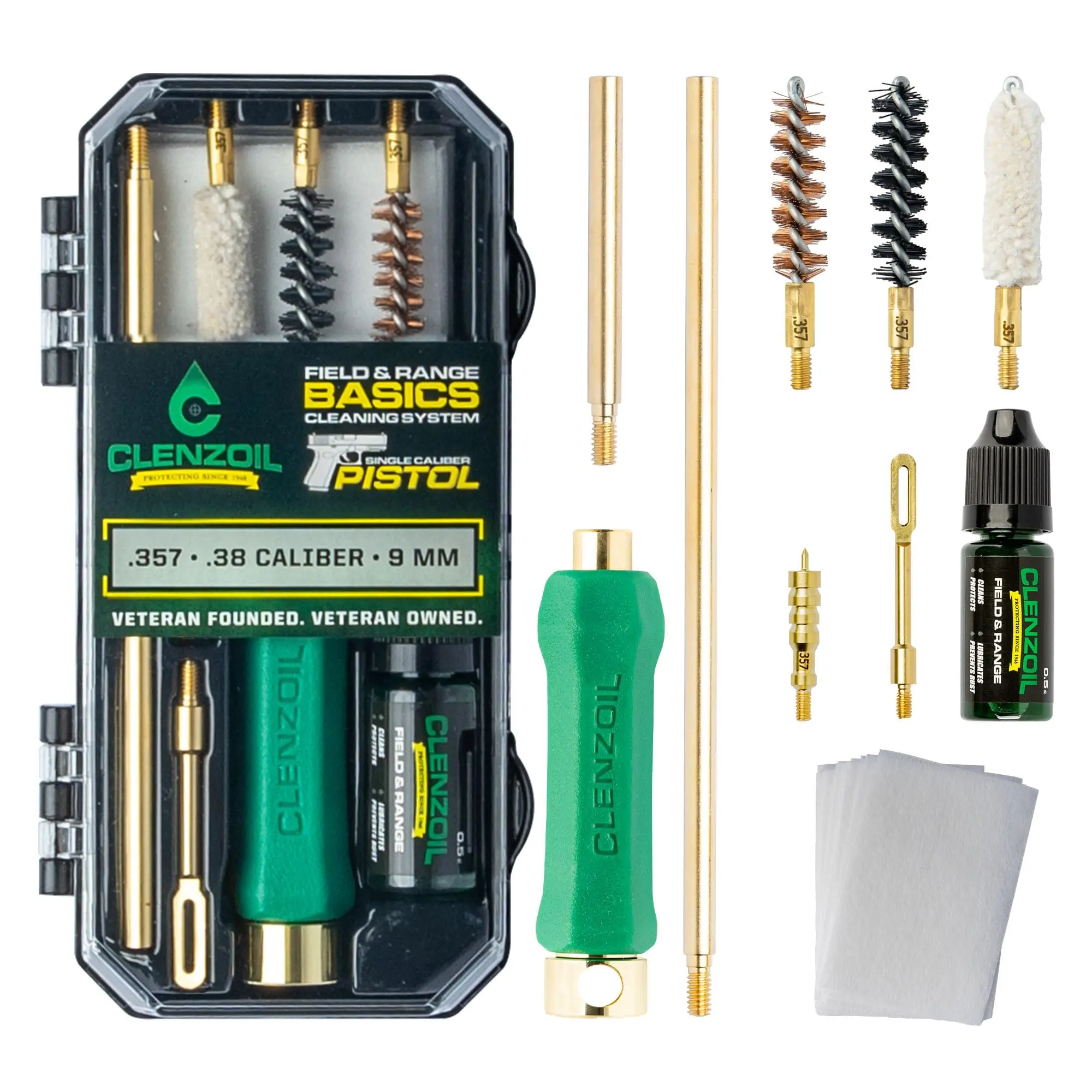 CLENZOIL Veteran Owned Portable All-In-1 Gun Cleaning Kit - CLP Lube, 0.5 oz Field-Ready Gun Oil for .38 Cal & 9mm Pistols, Brass Bore Brushes, Nylon Bore Brush, Brass Patch Puller, Cotton Patches, Ergonomic Handle
