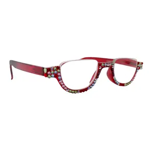 NY Fifth Avenue Half Moon Bling Reading Glasses with Genuine European Crystals Red Frame +1.25 to +4.00 Power Optical Quality Scratch Resistant Polycarbonate Lenses