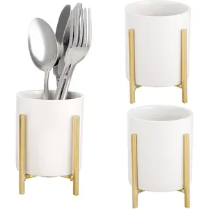 Pack of 3 Ceramic Silverware Holder For Party Table, White Cutlery Holder Holder With Golden Metal Bracket, Small Flatware Caddy Organizer Utensil Holder Organizer for Kitchen Dining Tables