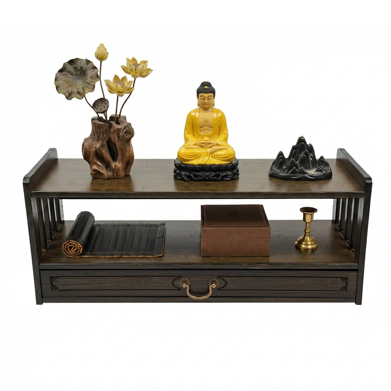 Carved Bamboo Storage Table with 2 Open Shelves & Drawer, 55 lbs Capacity Altar Table for Buddha Statue Meditation Bowl, Pooja Table for Prayer Rituals, Home Shrine Temple Living Room Furniture Candles Chinese Style, Books