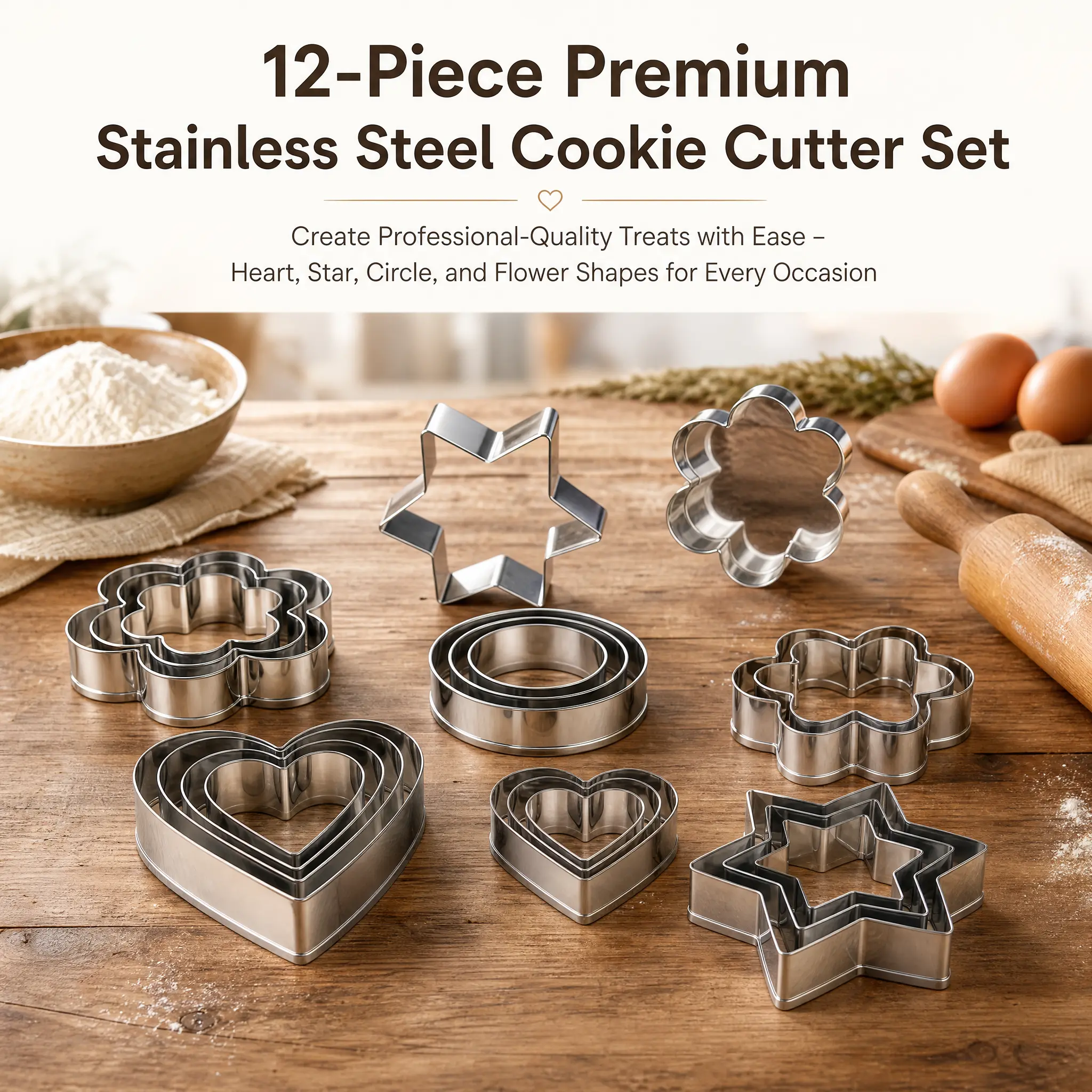 Premium Stainless Steel Cookie Cutter Set - 12-Piece Classic Bakeware with 3 Sizes Each of Heart, Star, Circle, Flower Shapes for Baking, Valentine’s Day, Cookiecutter