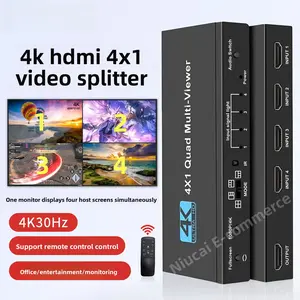 4K HDMI 4x1 Switcher 4 in 1 out Quad Multi-Viewer 1080p Distributor Supports 3D & HDMI 1.4 Stable Transmission Metal Shell for Security Monitoring PC DVD