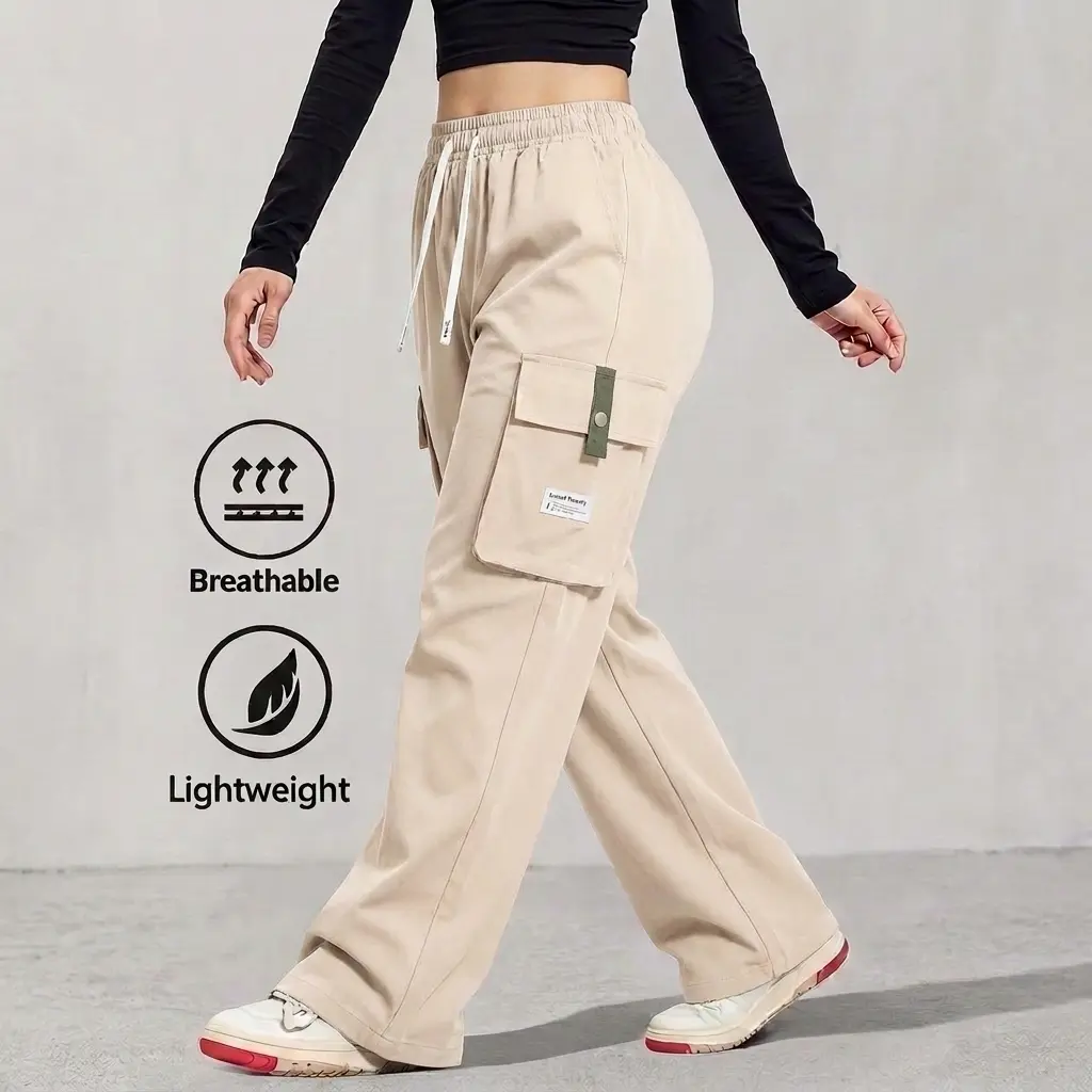 Women’s plus-size athletic pants with multiple pockets—lightweight for summer, loose fit. Features an adjustable drawstring waist, non-stretch fabric machine washable. Made from a soft, skin-friendly material with a smooth feel; suitable for indoor workou