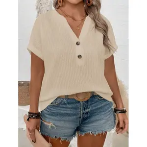 2026 New Plus Size Women's Casual V-Neck Button-Shoulder Short Sleeve T-Shirt, Sea Salt Blue-Green