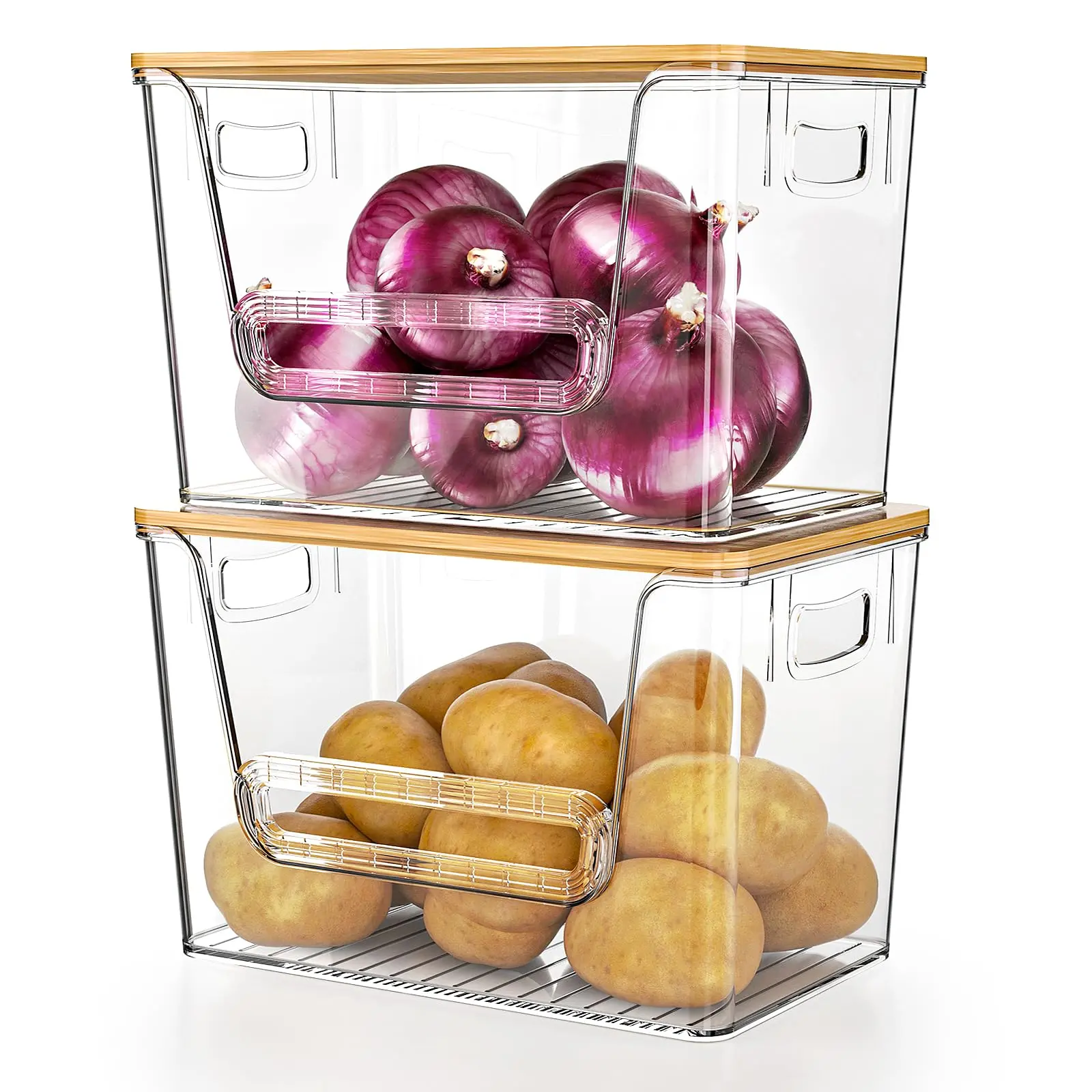2 Pack Clear Pantry Organizers and Storage, Trash Bag Holder Under Sink Organizer for 4-13 Gal Bags, Trash Bag Dispenser with Bamboo Top for Onion, Potato, Garlic