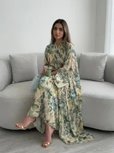 Elegant Floral Abaya Open Front Cardigan Long Robe Set, Perfect for Vacation Parties Gatherings, Includes Headscarf, Fashionable and Beautiful, Watercolor Abaya Set