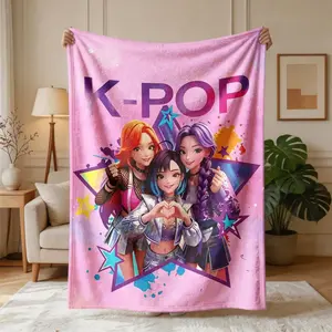 K-Pop Demon Hunters Blanket Pink Star Rumi Mira Zoey Finger Heart Soft Flannel Throw Blanket Anime Idol Merch Cozy Fleece Sofa Bed Decor Gift for Girls