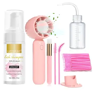 3.38oz Lash Shampoo Kit for Eyelash Extensions & Gentle Mousse Cleanser & Mini Pink Handheld Fan - Easy for Beginners & Makeup Care