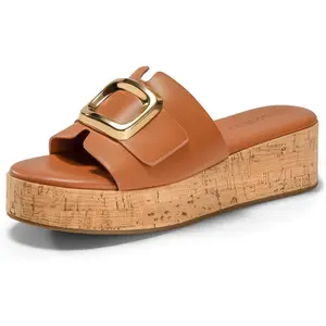 Imily Bela Womens Platform Sandals Cork Beach Slip on Wedges Metal Buckle Slides Open Toe Shoes