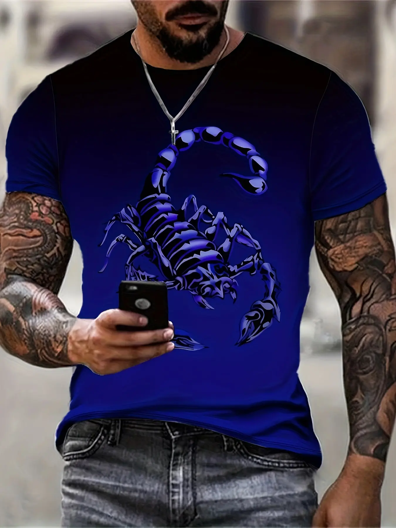 Men's 3D Scorpion Print Pattern T-Shirt - Menswear Bright Blue and Black Casual Streetwear Short Sleeves, Regular Version Crew Neck, Round Neck, Machine Washable All Season Outdoor and Daily Wear Cool Streetwear Shirt