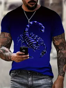 Men's 3D Scorpion Print Pattern T-Shirt - Menswear Bright Blue and Black Casual Streetwear Short Sleeves, Regular Version Crew Neck, Round Neck, Machine Washable All Season Outdoor and Daily Wear Cool Streetwear Shirt