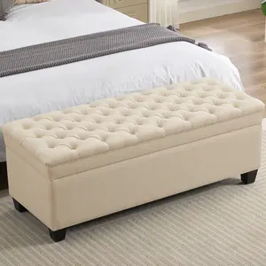 51" Fabric Storage Ottoman Bench, Upholstered Rectangle End of Bed Storage Ottoman Tufted Entryway Living Room Bedroom Bench with Safety Hinge, Solid Wood Legs, Loads 500 lb