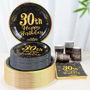 80-Piece Black-Gold Themed Tableware Set for 30th Anniversary/Birthday | Disposable Birthday Party Supplies | Festival Party Supplies | Holiday Gathering Decorations | Including Disposable Dinner Plates, Cups & Napkins | Serves 20 Guests