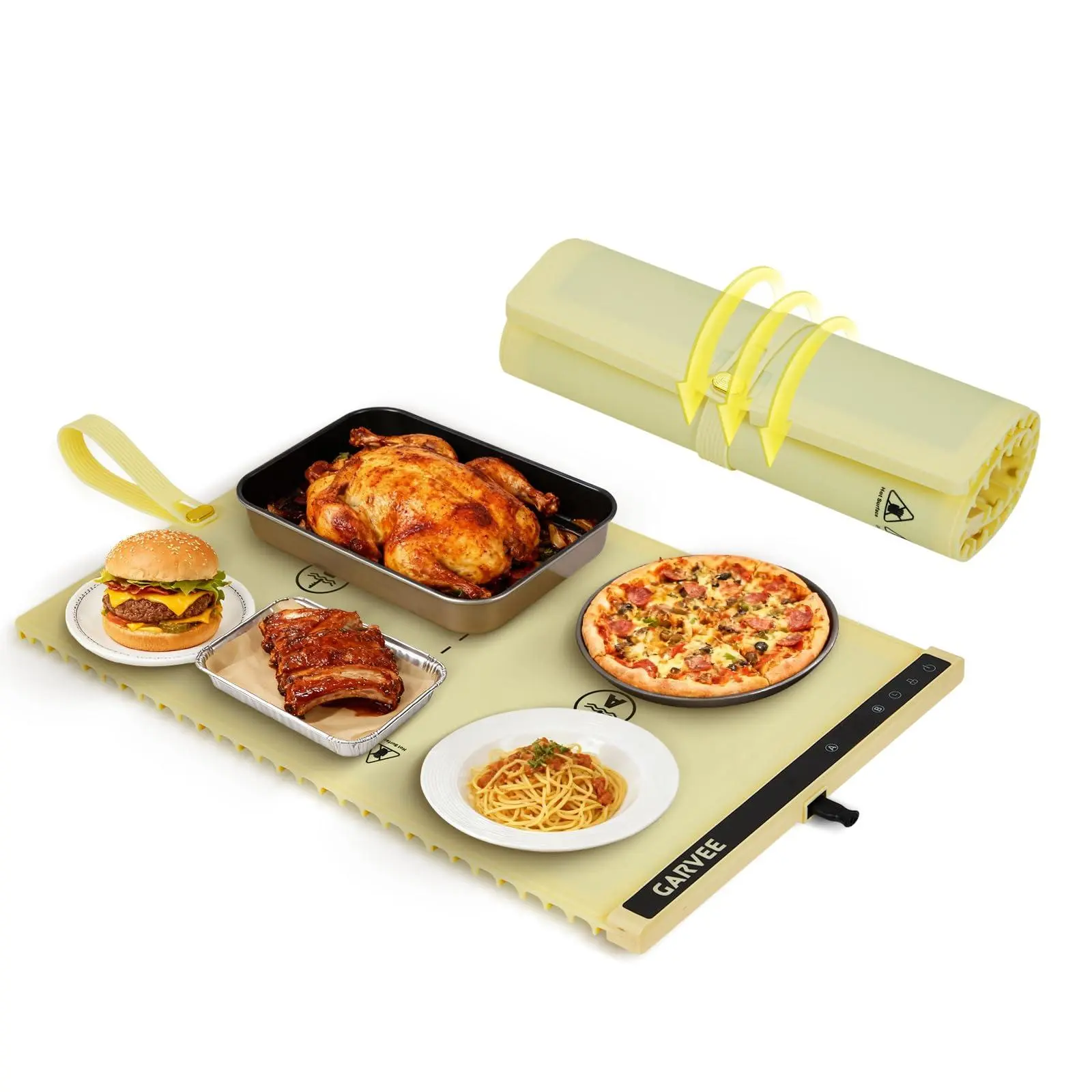 GAOMON Dual-Zone Silicone Heating Food Mat - 24"X15" Portable Waterproof Warming Mat for Tableware, Rollable Full-Surface Warmer with 6 Temp Settings, 3H Timer, Anti-Slip Heat-Insulated Pad (Cream)